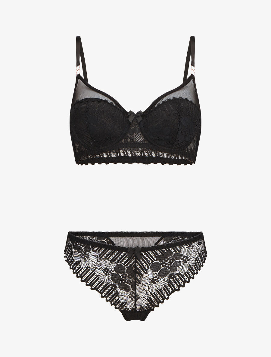 Ensemble soutien-gorge et string en dentelle - Noir - 1