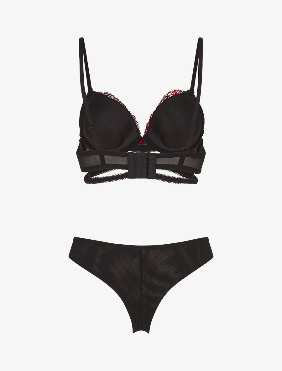 Ensemble soutien-gorge et tanga bicolore et bijoux strassé - Noir - 2