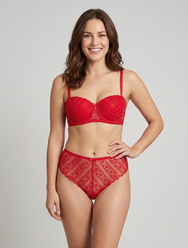 Set van een kanten bh en string met opengewerkt patroon - Rood