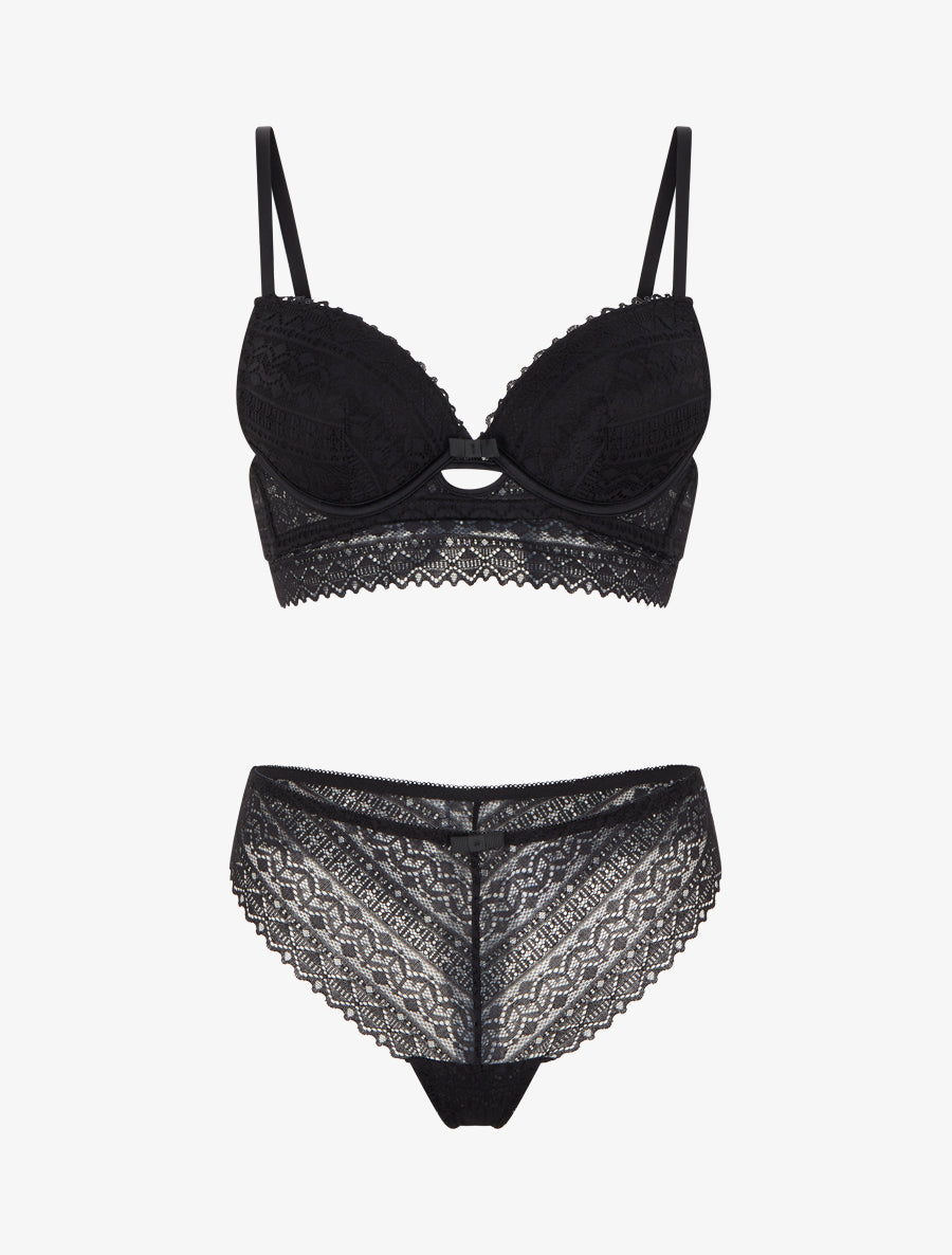 Ensemble soutien-gorge avec nœuds et tanga ajouré en dentelle - Noir - 1