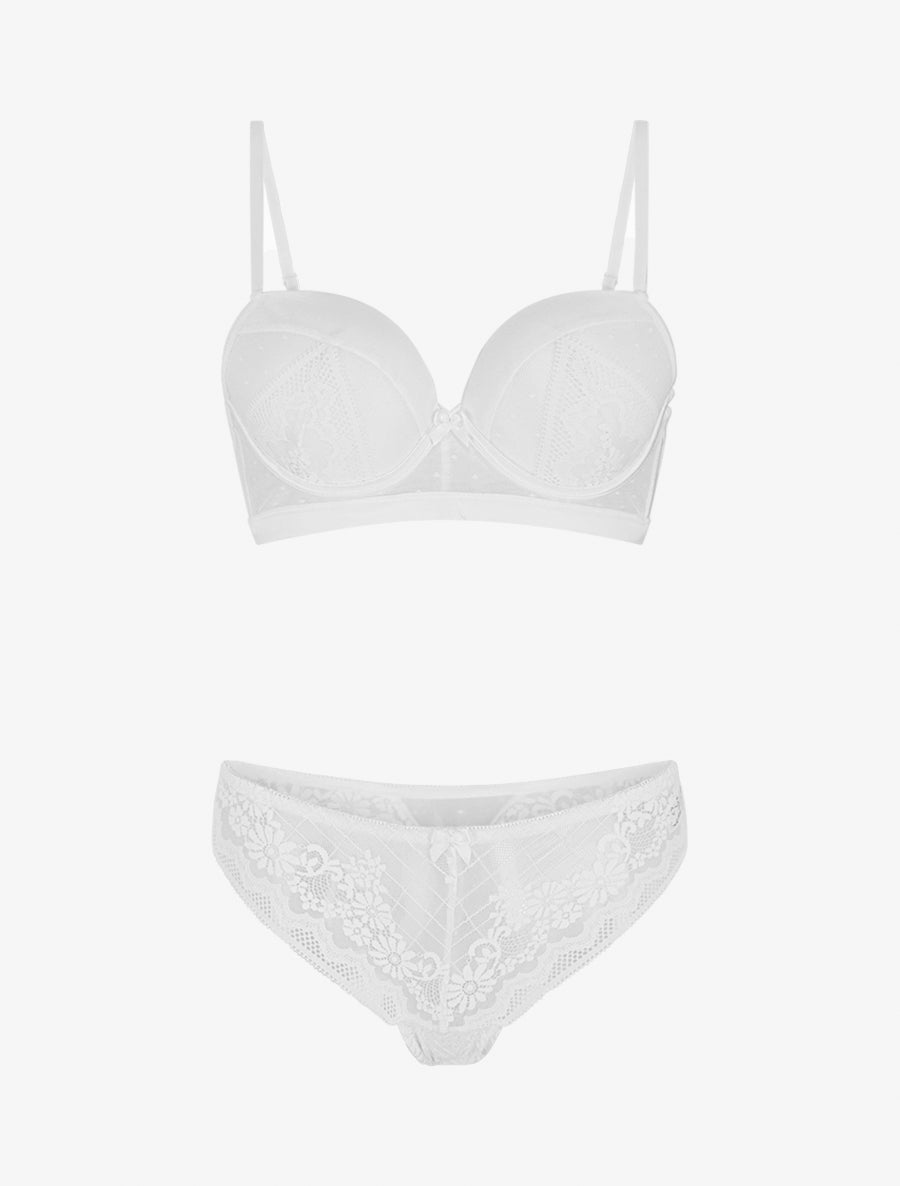 Ensemble soutien-gorge et tanga ajouré à détail satiné - Blanc - 1