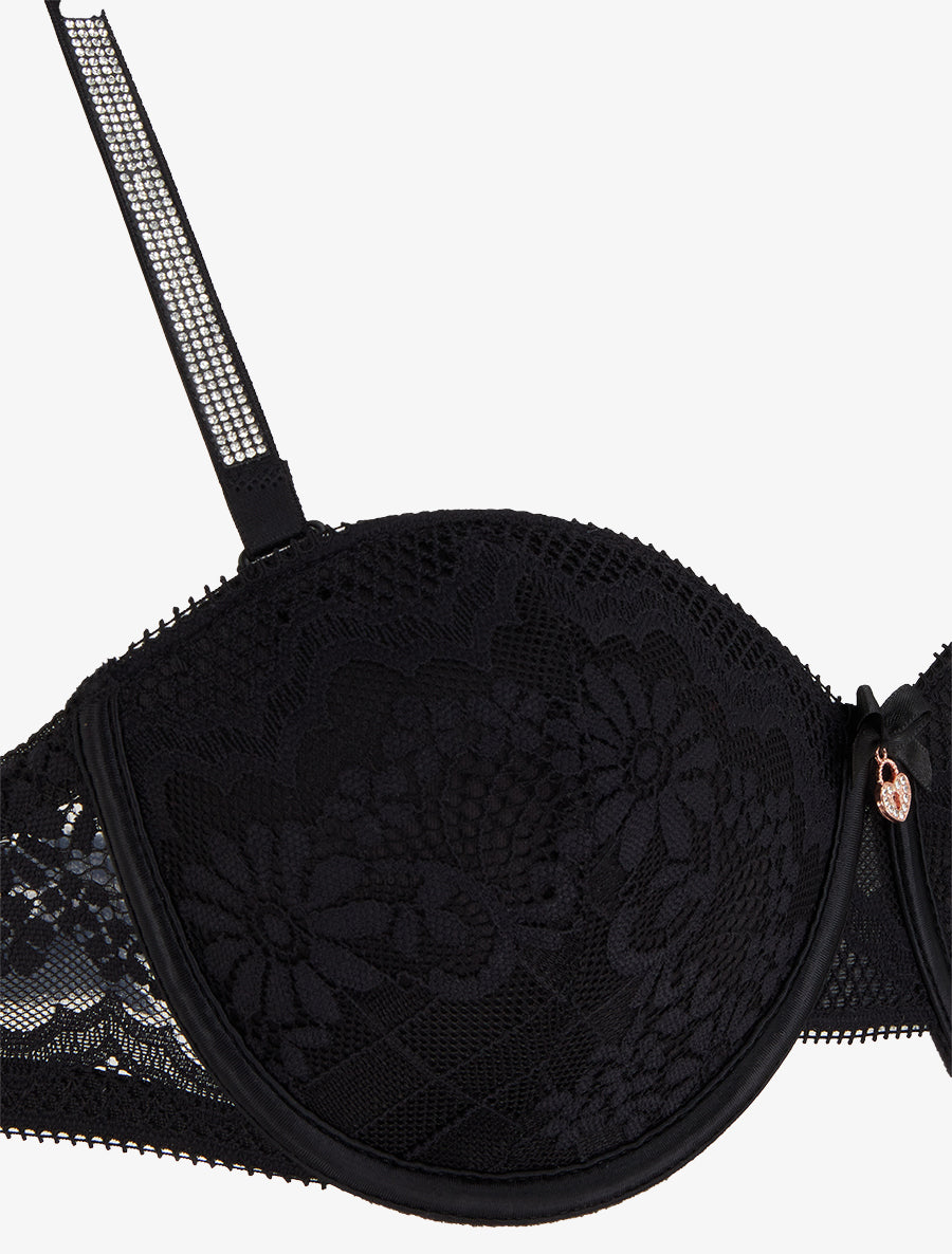 Ensemble soutien-gorge et culotte ajouré à bretelles strassées - Noir - 3