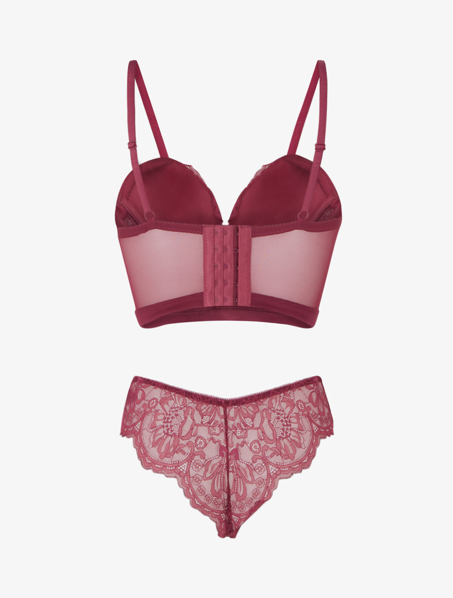 Ensemble lingerie style corset à dentelle fleurie - Prune - 2