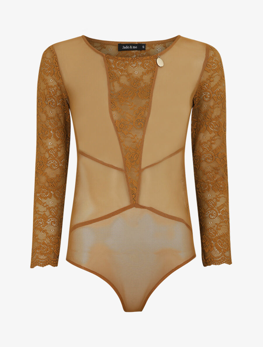 Body transparent à empiècements dentelle - Moutarde - 4