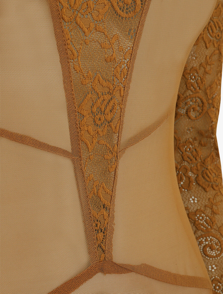 Body transparent à empiècements dentelle - Moutarde - 3