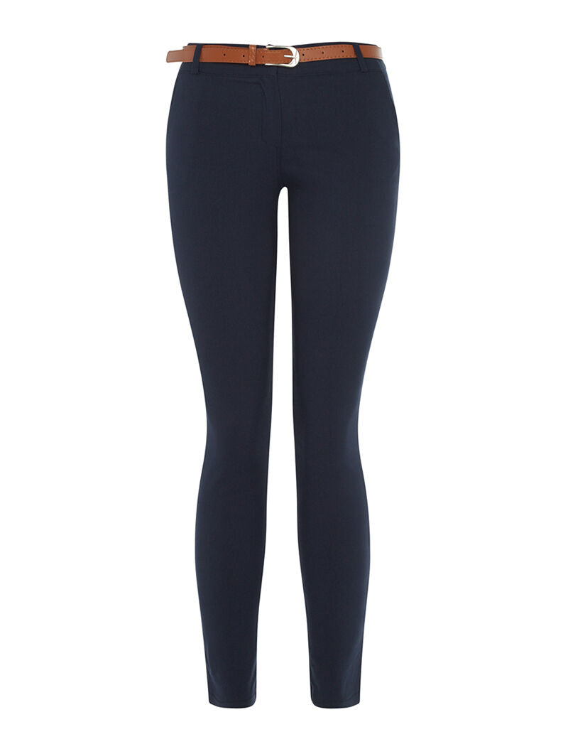 Pantalon slim ceinturé uni - marine - 1