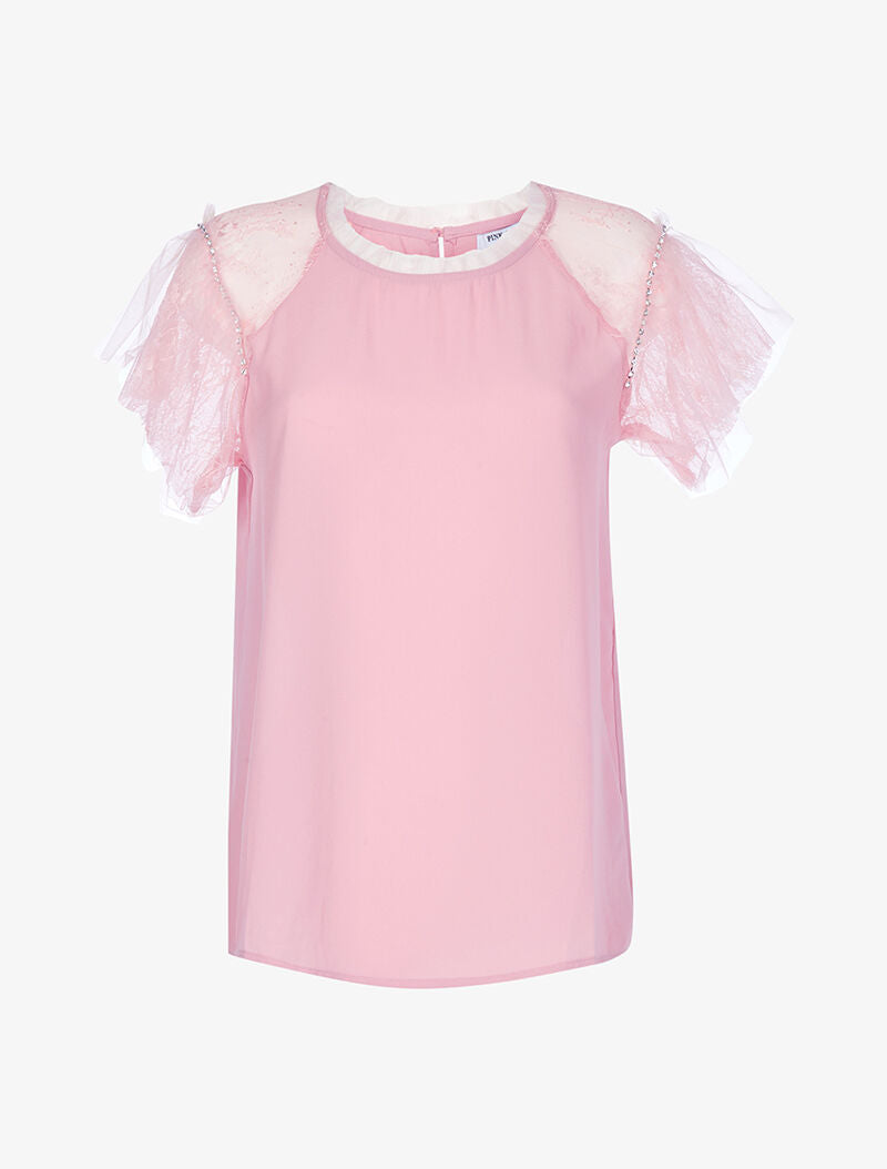 Top en voile à manches en tulle - rose orange - 1