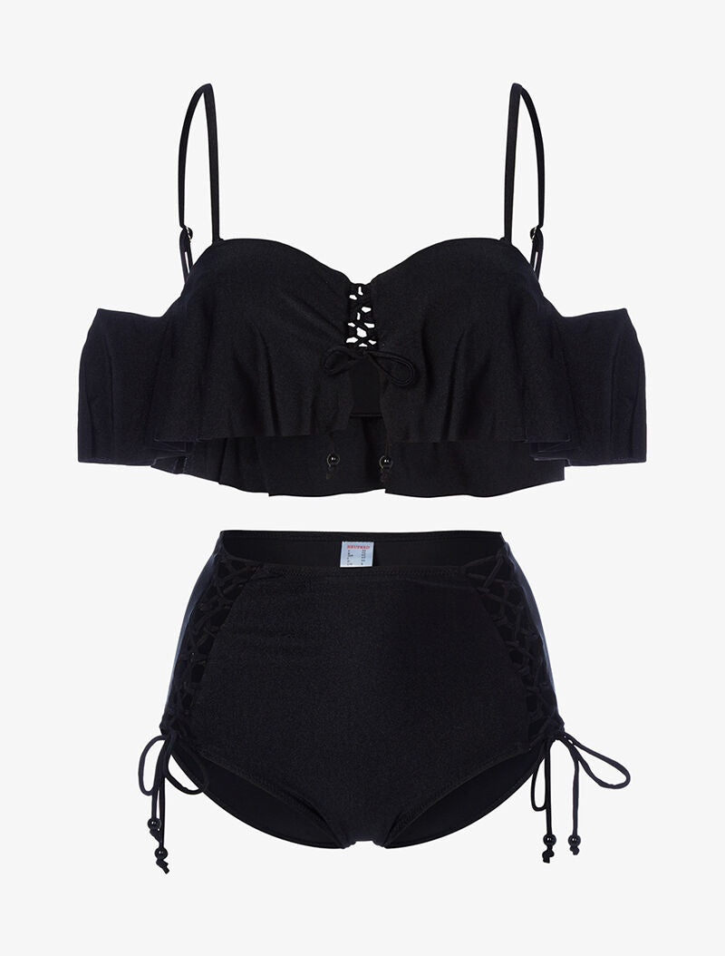 Bikini volanté et taille haute - noir - 1