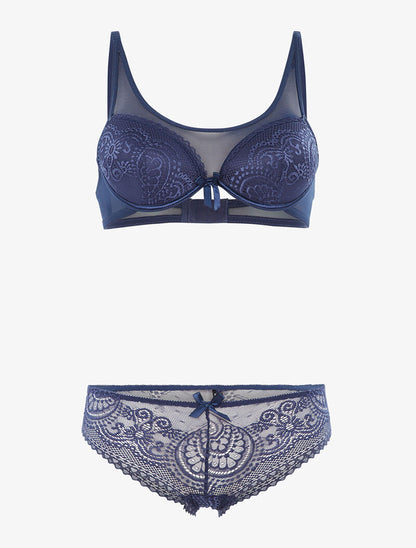 Ensemble en dentelle ajourée et tulle - bleu indigo - 1