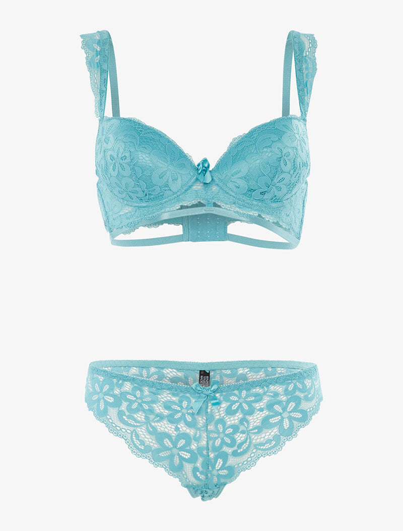 Ensemble en dentelle motifs fleurs - turquoise - 1