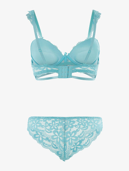 Ensemble en dentelle motifs fleurs - turquoise - 2