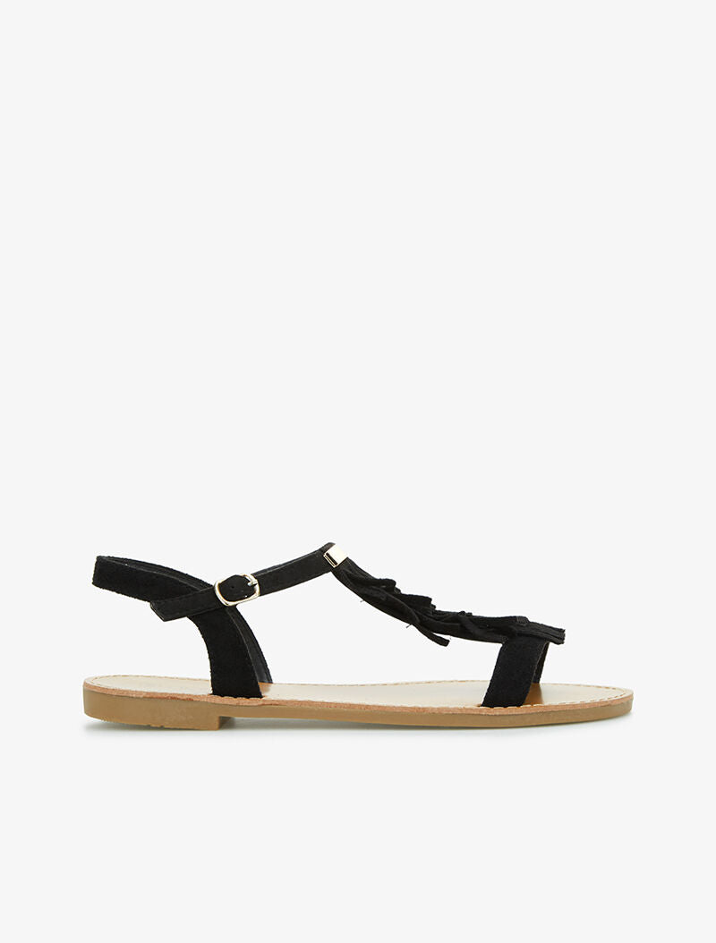 Nu-pieds bride en T frangée - noir - 1