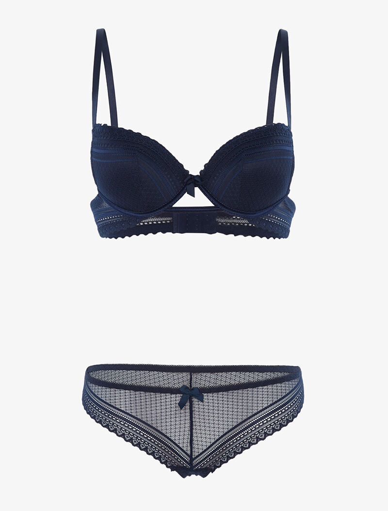 Ensemble dentelle ajourée et tanga - bleu nuit - 1