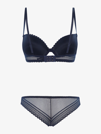 Ensemble dentelle ajourée et tanga - bleu nuit - 2