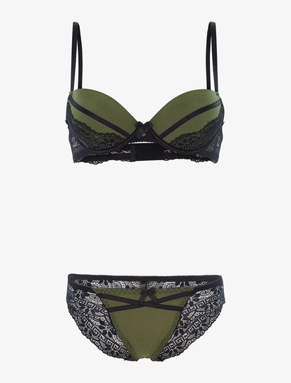 Ensemble à empiècements dentelle et tanga - kaki/noir - 1