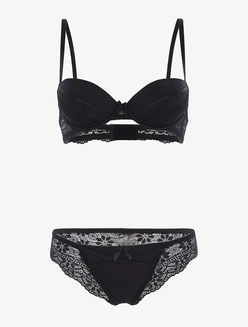Ensemble à empiècements dentelle et tanga - noir - 1