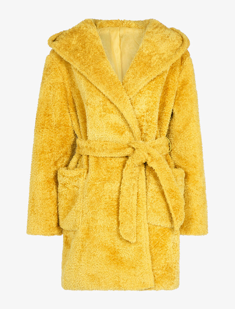 Manteau ceinturé en fourrure synthétique - moutarde - 1