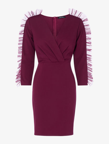 Robe cache-coeur à manches volantées en tulle - lie de vin - 1