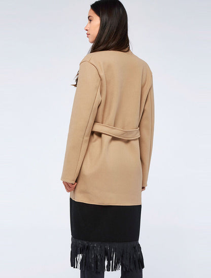 Manteau long à bords frangés - camel clair - 2