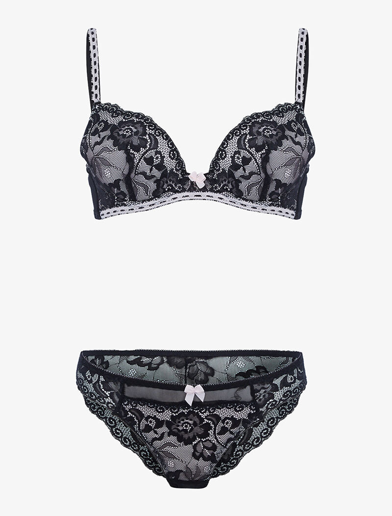 Ensemble satiné et dentelle fleurie - noir/rose poudré - 3