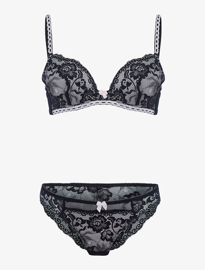 Ensemble satiné et dentelle fleurie - noir/rose poudré - 3