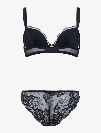 Ensemble satiné et dentelle fleurie - noir/rose poudré - 2