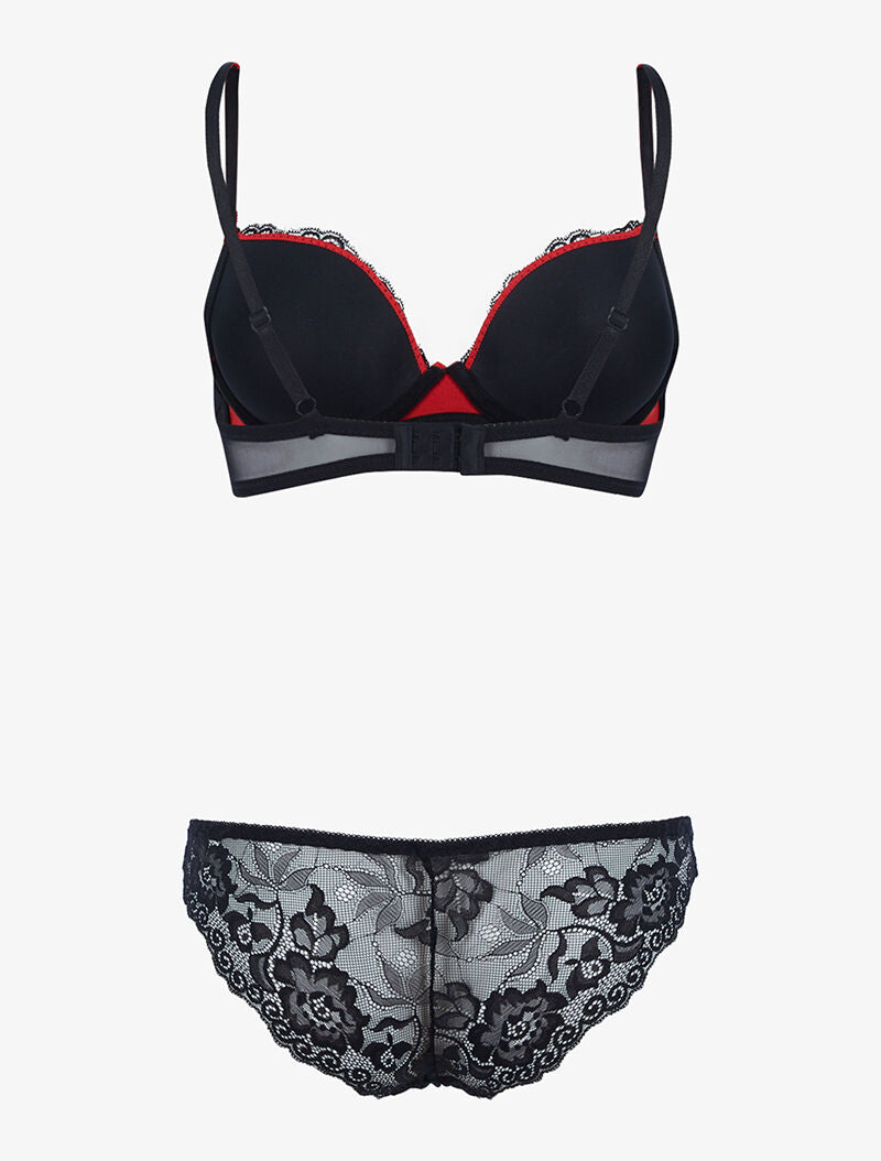 Ensemble satiné et dentelle fleurie - rouge/noir - 2