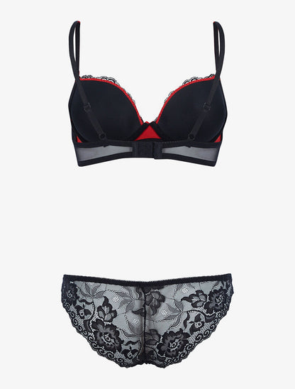Ensemble satiné et dentelle fleurie - rouge/noir - 2