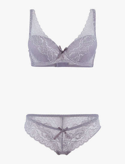 Ensemble en dentelle et décolleté en V - gris clair - 3