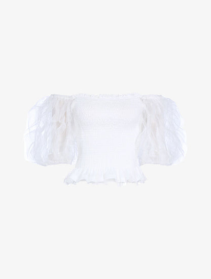 Crop top à manches bouffantes volantées - blanc - 3
