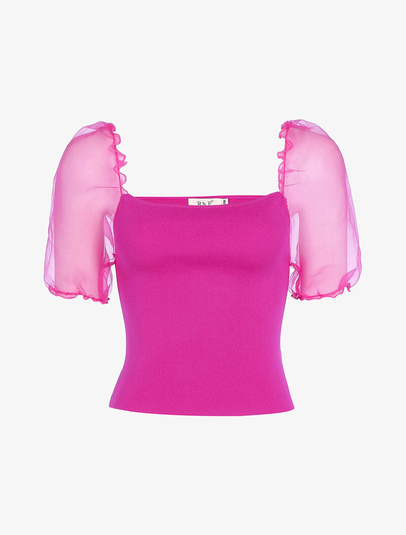 Crop top à manches courtes bouffantes - fushia - 1