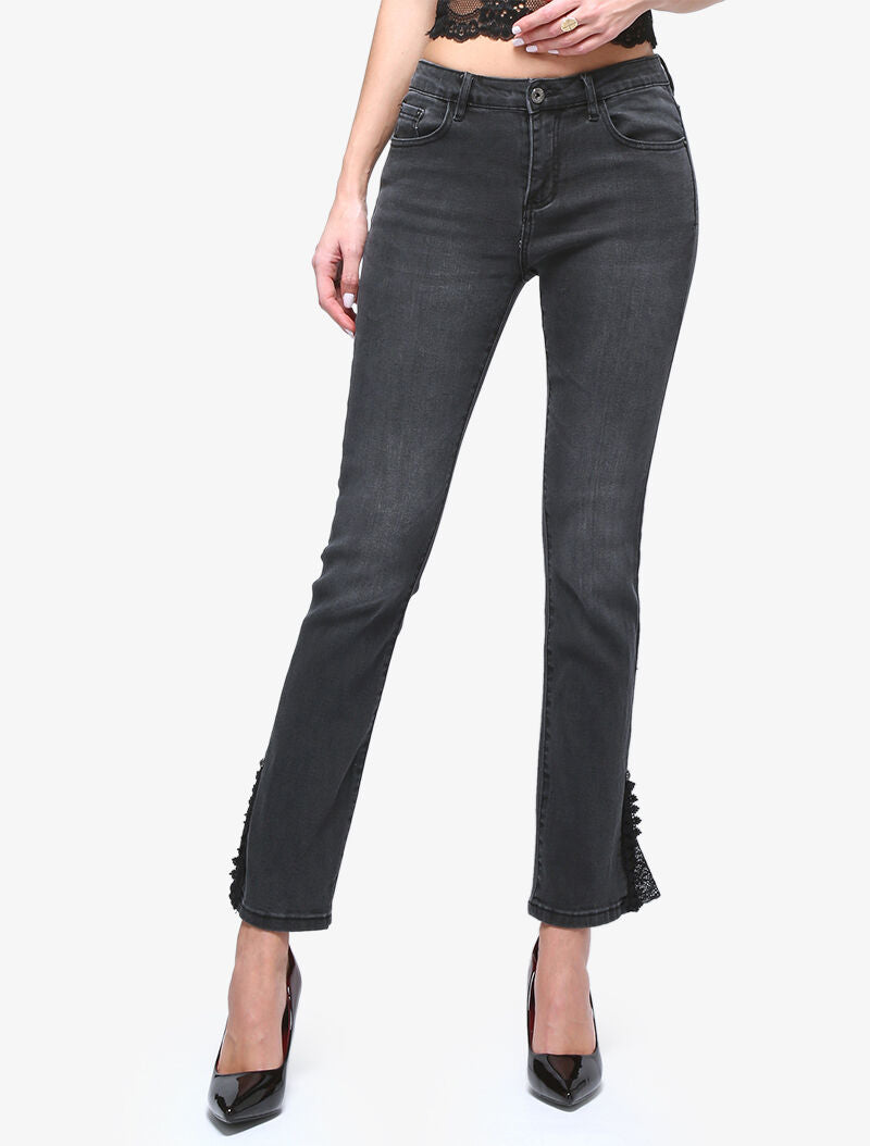 Jeans 7/8 aan boord detail kant - antraciet