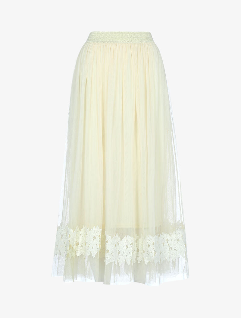 Jupe en voile à empiècement feuille brodée - beige - 3