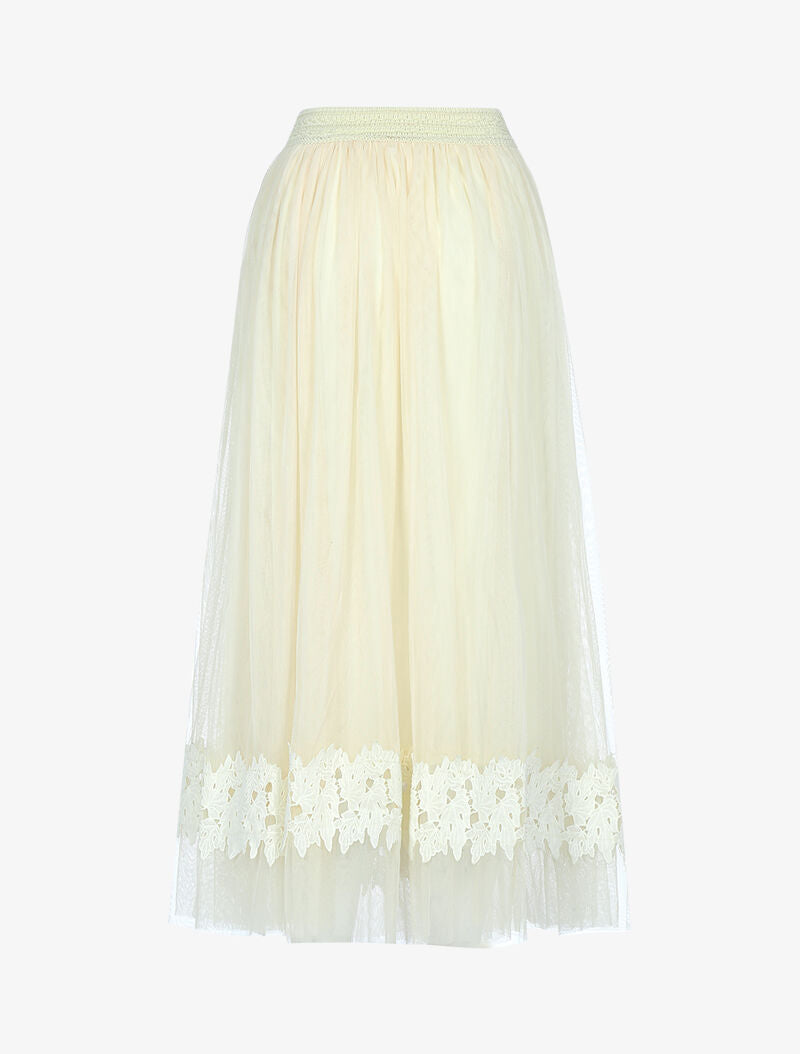 Jupe en voile à empiècement feuille brodée - beige - 2