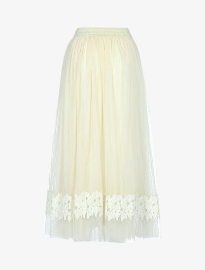 Jupe en voile à empiècement feuille brodée - beige - 2