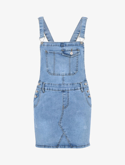 Robe salopette à poches sur la poitrine - denim clair - 1