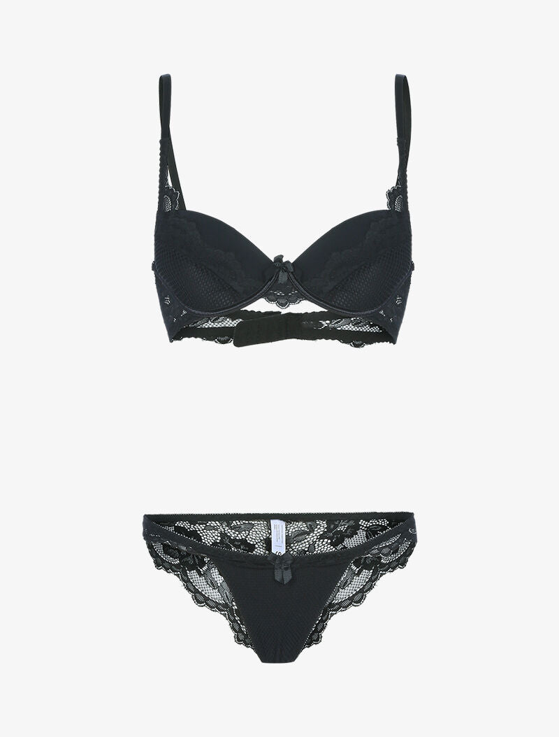 Ensemble satiné avec résille et dentelle - noir - 1