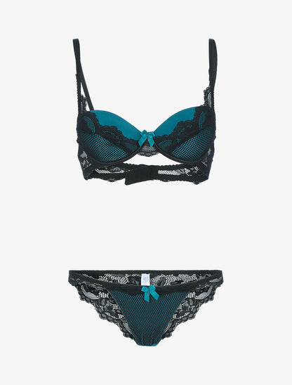 Ensemble satiné avec résille et dentelle - noir/bleu clair/bleu pétrole - 3