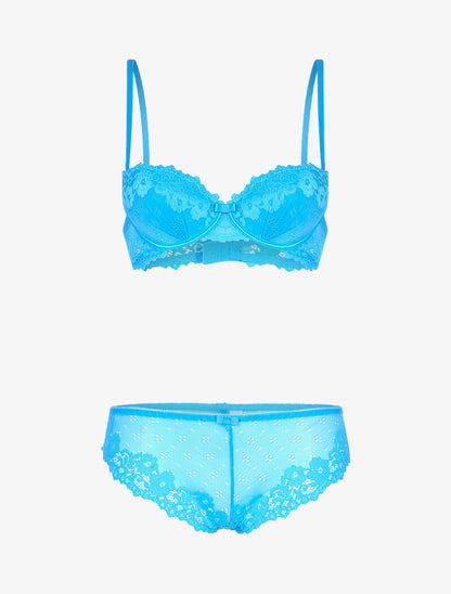 Ensemble en dentelle fleurie ajourée - bleu - 1