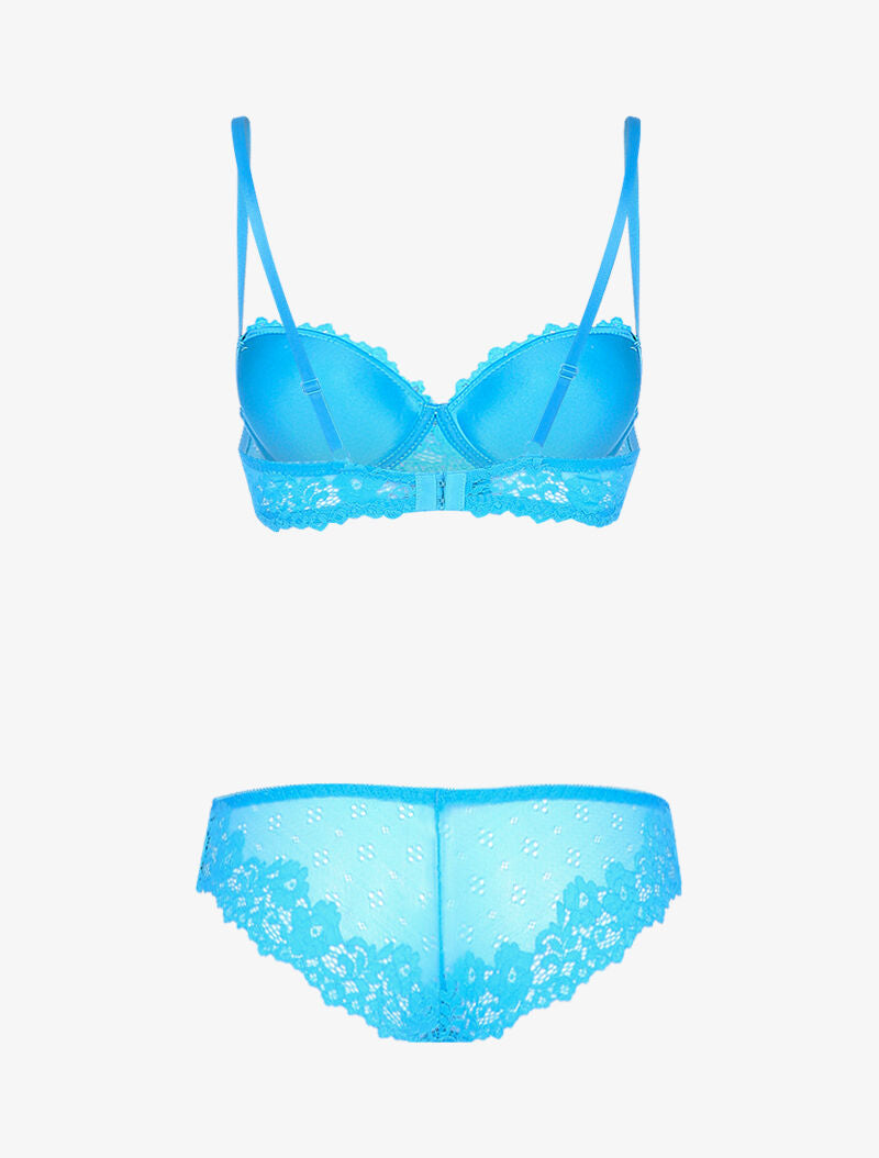 Ensemble en dentelle fleurie ajourée - bleu - 2