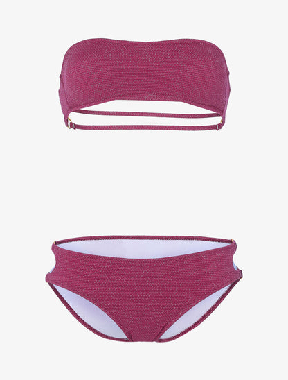 Bikini bandeau lamé à oeillets dorés - rouge - 1