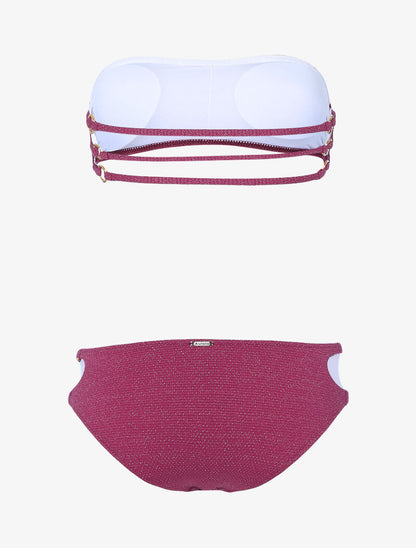 Bikini bandeau lamé à oeillets dorés - rouge - 2