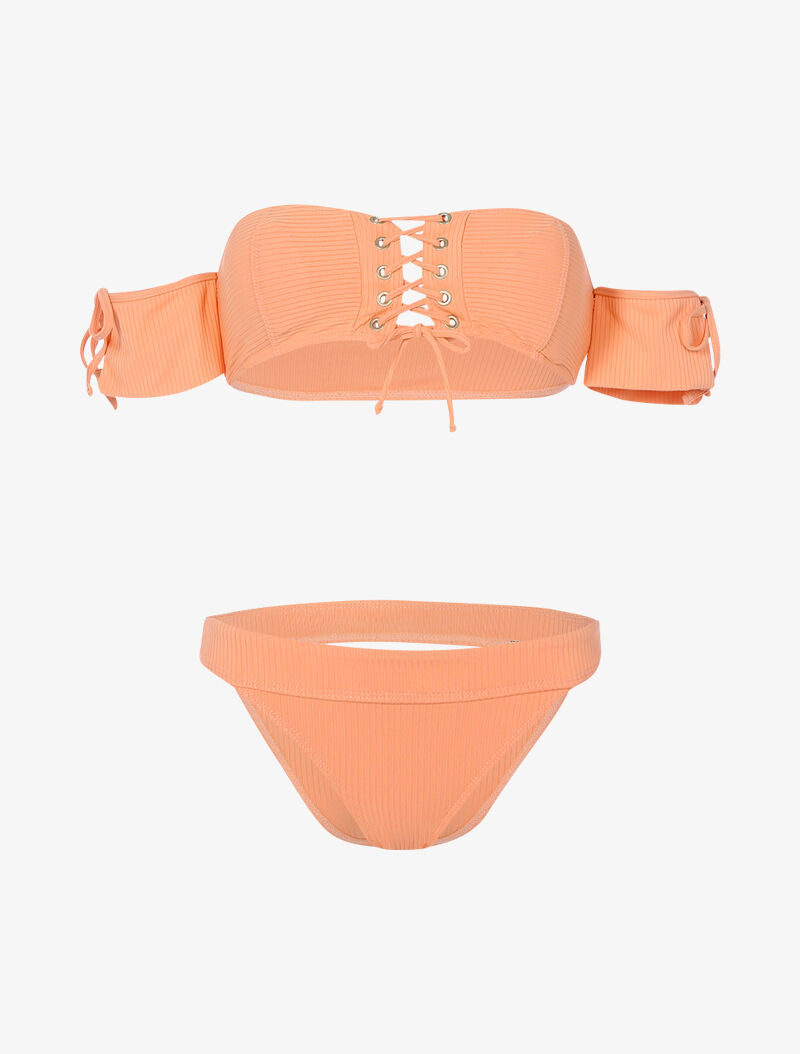 Bikini côtelé à corsage et tanga ajouré - orange clair - 3