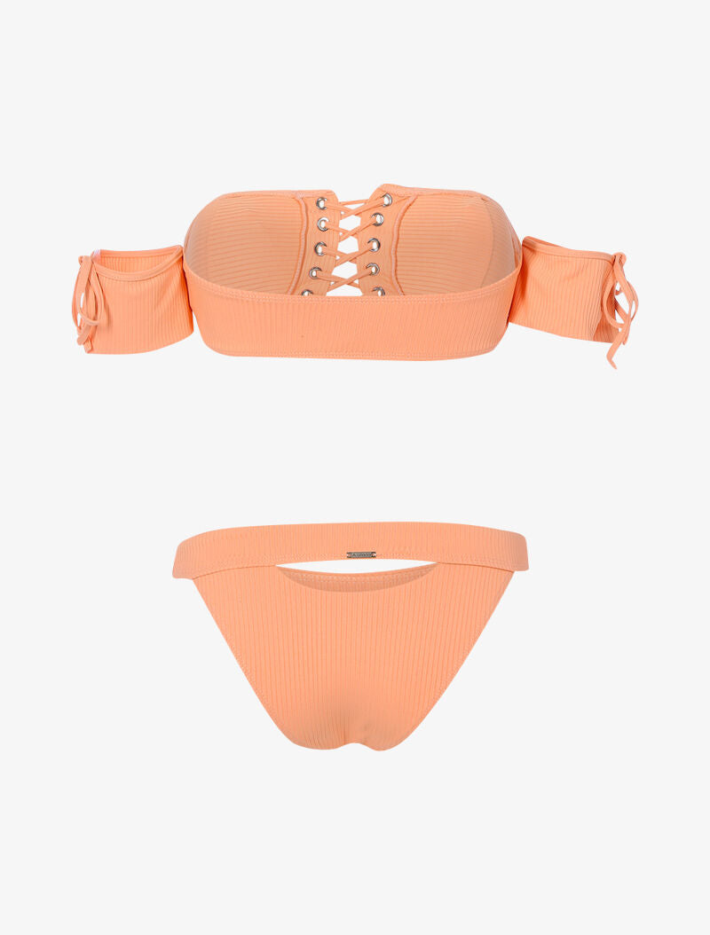 Bikini côtelé à corsage et tanga ajouré - orange clair - 2