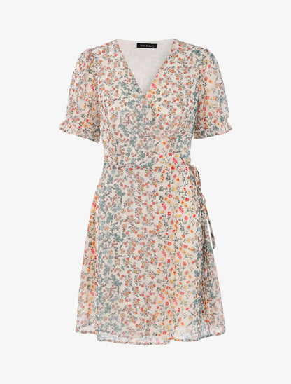 Robe cache-coeur fleurie - beige - 1