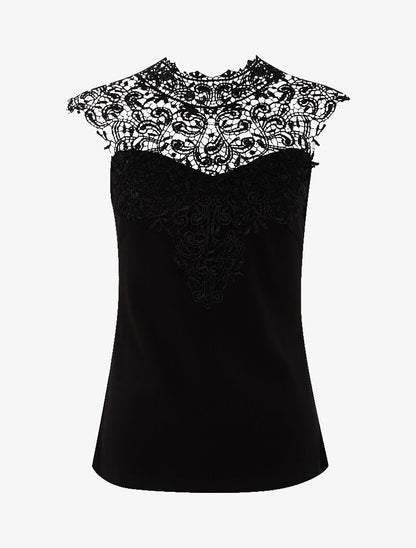Top à plastron en dentelle festonnée - noir - 1