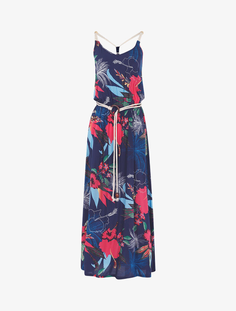 Robe à imprimé tropical et détails style cordes - marine - 1