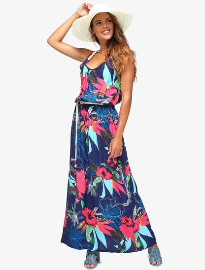 Robe à imprimé tropical et détails style cordes - marine - 3