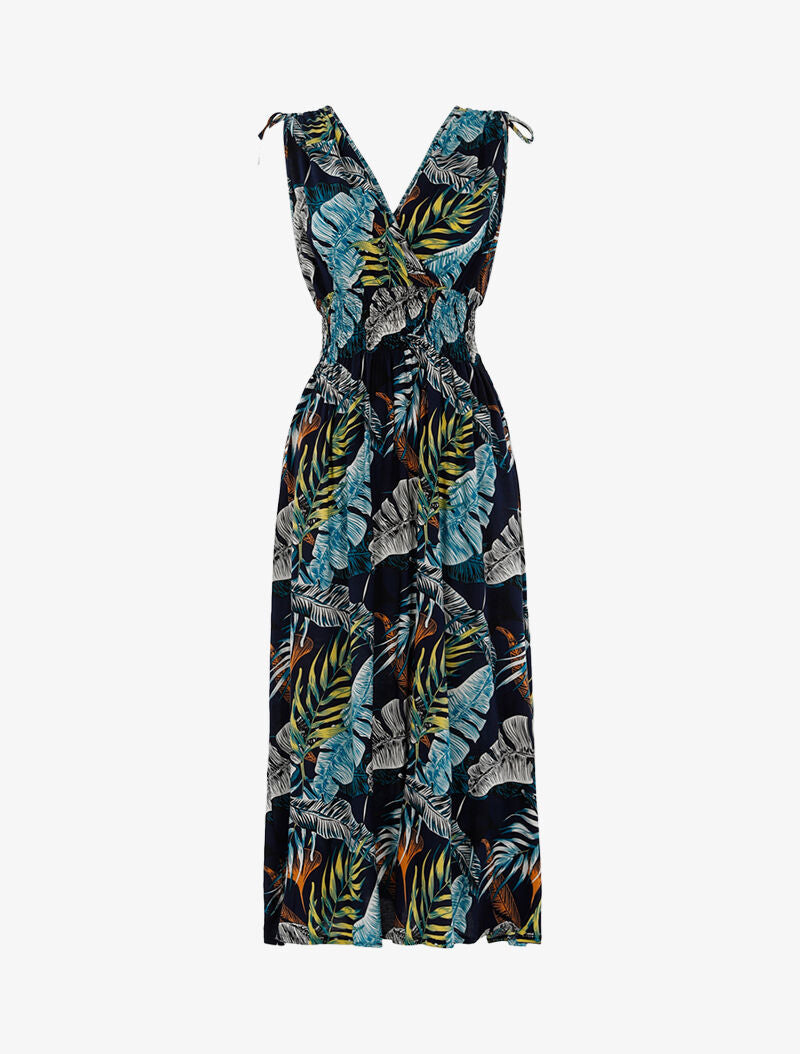 Robe à buste cache-coeur et imprimé tropical - marine - 1