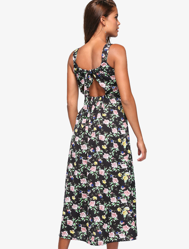 Robe fleurie à dos ajouré - noir - 4